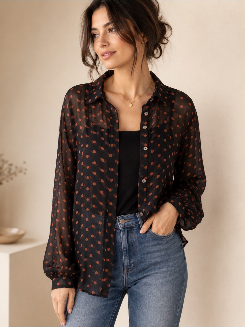 Free People Black Orange Polka Dot Sheer Button Front Blouse Boho Oversized